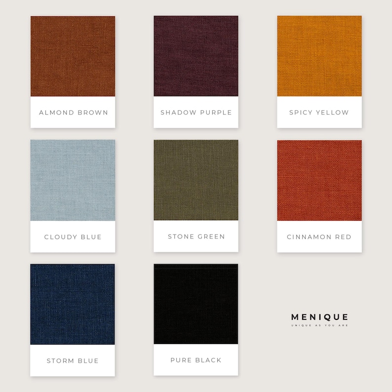 May include: Nine fabric swatches in various colors, including almond brown, shadow purple, spicy yellow, cloudy blue, stone green, cinnamon red, storm blue, and pure black. The swatches are arranged in a grid pattern with the color names printed below each swatch. The word "MENIQUE" is printed in white text on a black background in the bottom right corner.