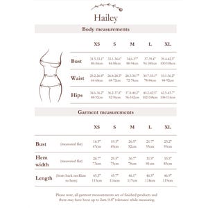 May include: Size chart for women's clothing with measurements in inches and centimeters. The chart includes bust, waist, hips, and garment measurements for sizes XS, S, M, L, and XL.