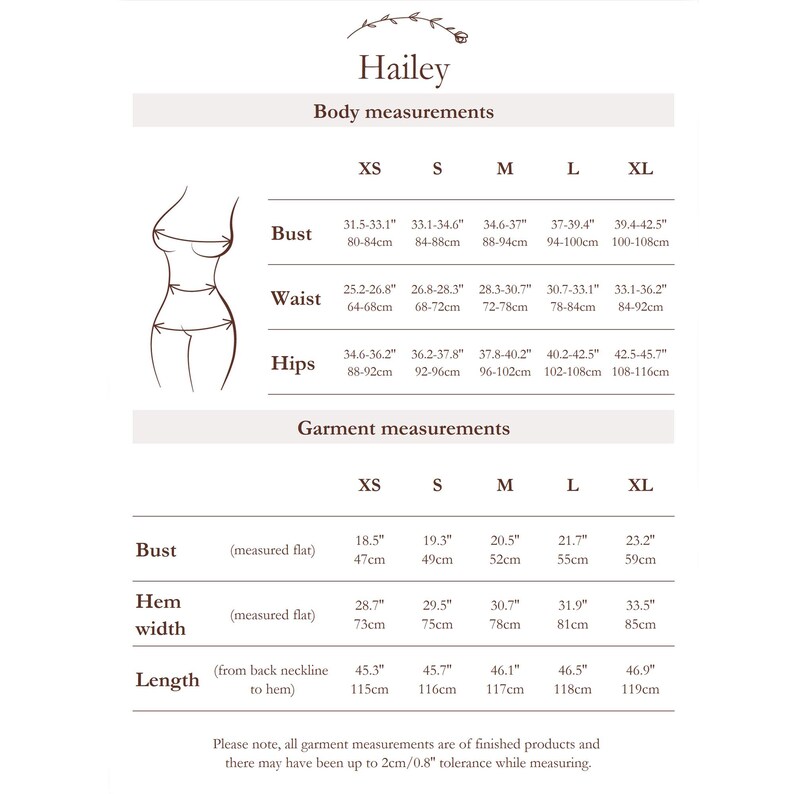 May include: Size chart for women's clothing with measurements in inches and centimeters. The chart includes bust, waist, hips, and garment measurements for sizes XS, S, M, L, and XL.