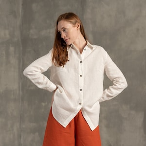 White Linen Shirt for Women Classic Shirt Linen Shirt Women Long Sleeve Shirt Collar Button Down Shirt Linen Blouse REBECA