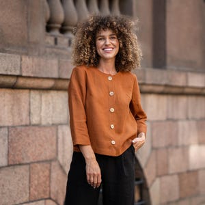 Cropped Cardigan Button Down Linen Jacket Summer Linen Cardigan with Buttons Organic Clothing Linen Blazer Linen Outwear ALICE Almond Brown
