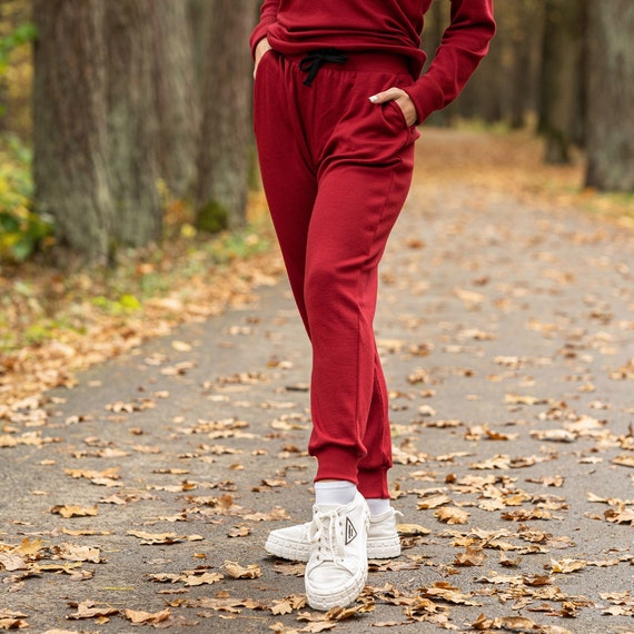 Merino Wool Sweatpants for Women Lounge Jogger Pants High Waist Thick  Sweatpants Jogger 250gsm Royal Cherry 