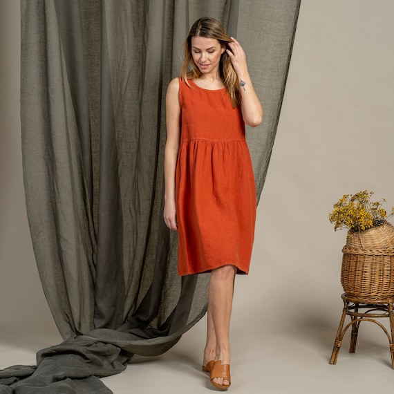 Linen Dress for Women, Sleeveless Midi Smock Dress, Summer Dress With  Pockets, Sustainable 100% Linen Clothes ELIZA Cinnamon Red - Etsy
