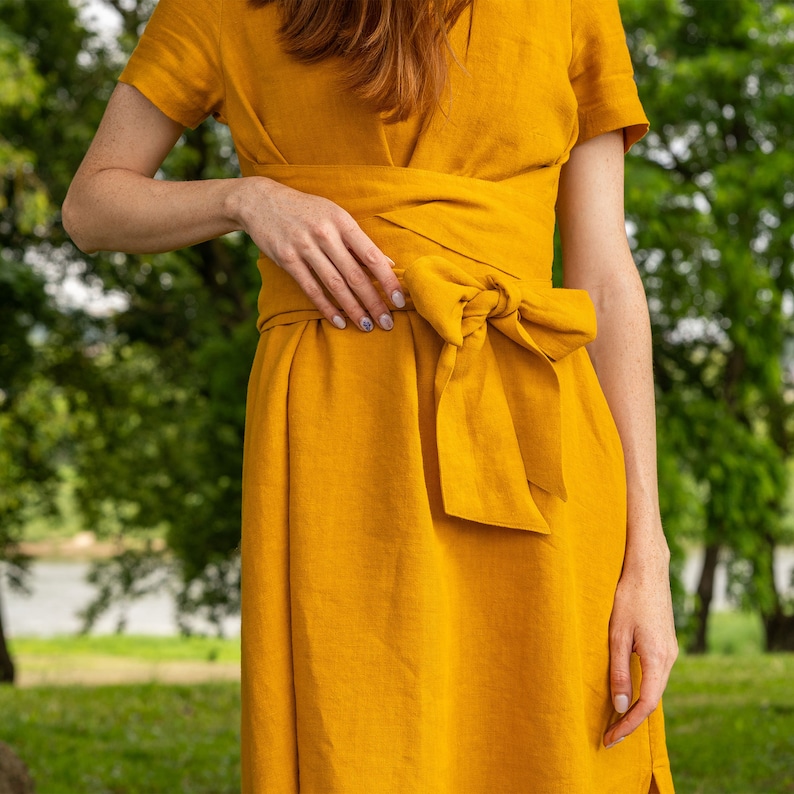 Short Sleeve Wrap Dress Linen Wrap Dress Summer Wrap Dress Midi Wrap Dress Long Linen Dress Obi Belt Wrap Dress 100% Linen MILLY image 6