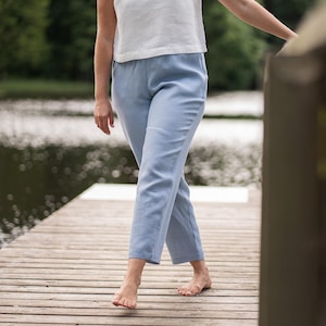 Tapered 100% Linen Pants for Women High Waisted Pants with Elastic Waist Linen Trousers Sustainable Linen Clothes DAKOTA Storm Blue