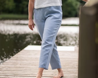 Pantalones cónicos 100% lino para mujer, pantalones de cintura alta con cintura elástica, pantalones de lino, ropa de lino sostenible, DAKOTA, azul tormenta