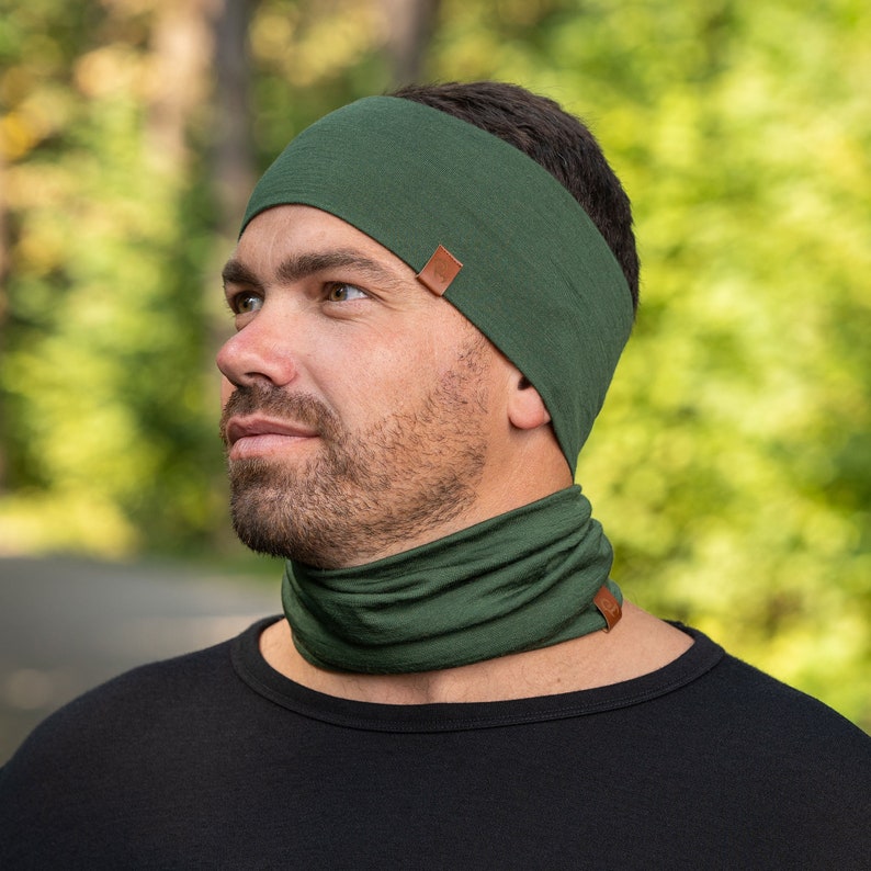 2 Piece Set of Neck Gaiter & Headband for Women Men Unisex Two Piece Set Merino Wool Sustainable Clothing Fall Knit Accessories Dark Green image 5