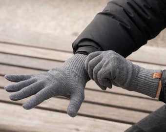 Gebreide handschoenen voor heren Handhandschoenen van 100% merinowol Zachte winter-lentehandschoenen Biologische gebreide accessoires Cadeaus voor heren Donkergrijs