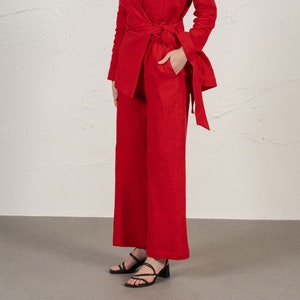 Woman wearing wide leg pants made of Linen in Pure Red color