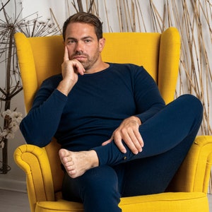 T-shirt à manches longues pour homme, pulls d'extérieur, sweat-shirts à col rond, laine mérinos, vêtements durables, cadeaux pour homme, 250 g, bleu foncé