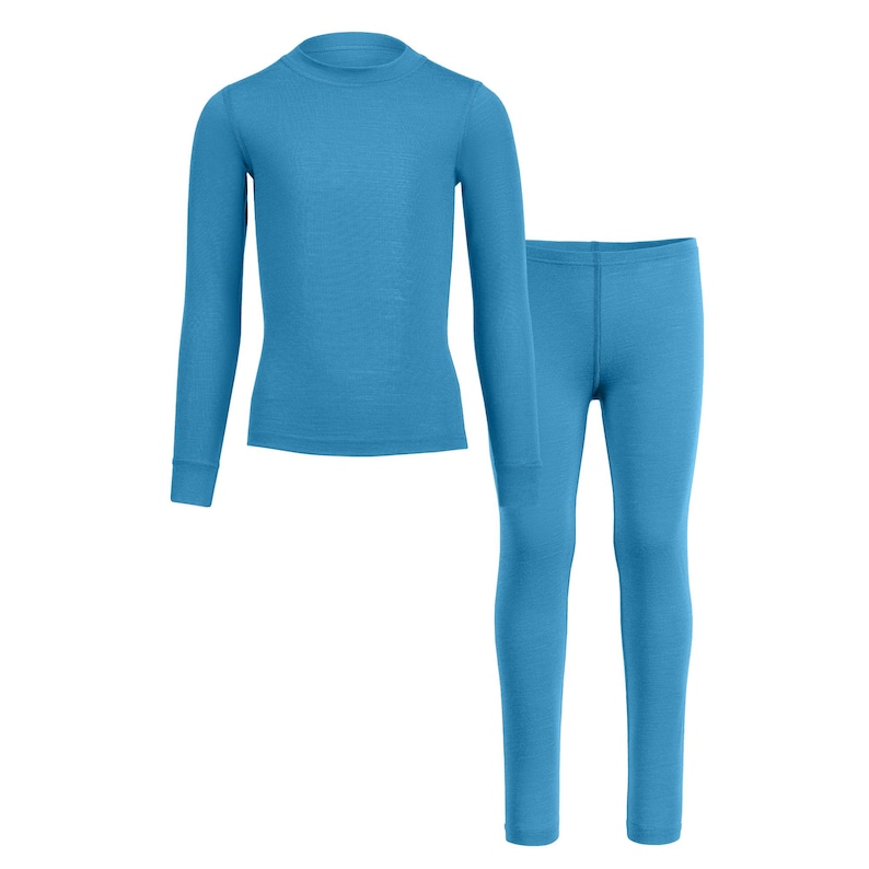 merino kids’ thermal set — long-sleeve top and matching leggings, front view on white background.