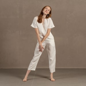 Tall red hair woman wearing beautiful Linen Jumpsuit with kimono sleeves in Pure white color