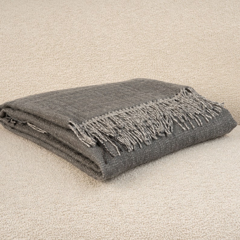 Blanket 100% Merino & Linen Blanket Luxury Blanket Cozy Blanket Bed Blanket with Fringes Summer Blanket Dark Gray Blanket VENICE Gray image 4