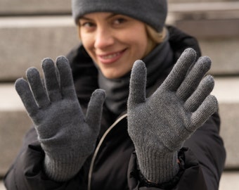 Merinowollhandschuhe für Damen, handgestrickt, wärmend, hypoallergen, dunkelgrau