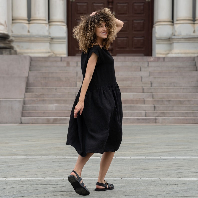 Ready to ship linen smock dress in black color