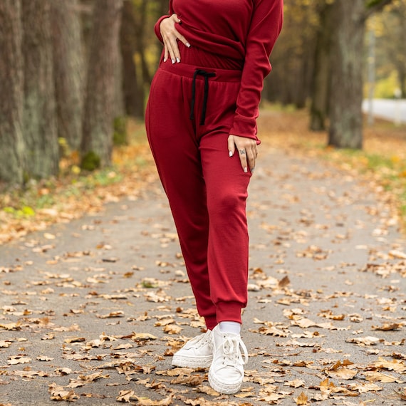 Merino Wool Sweatpants for Women Lounge Jogger Pants High Waist Thick Sweatpants  Jogger 250gsm Royal Cherry -  Canada