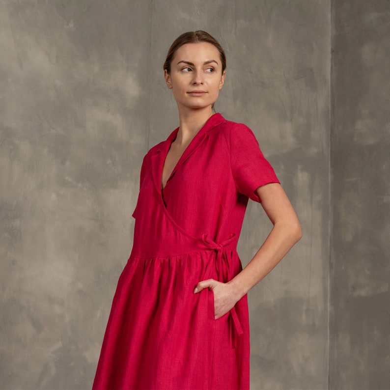 Linen Wrap Dress Shirt Wrap Dress Collar Wrap Dress Minimalist Dress Loose Dress Pink Dress Linen Dress Summer Dress Linen Clothing PHOEBE image 6