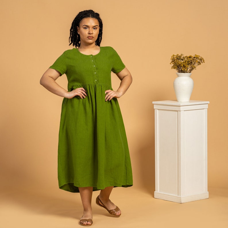 Midi Smock Dress Organic 100% Linen Dress Pure Washed Linen Sustainable Linen Short Sleeve Dress MARIA Forest Green image 6