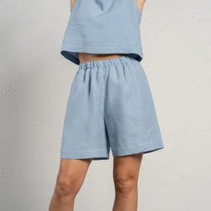 Bermuda Shorts Linen Shorts High Waisted Shorts Minimalistic Shorts Summer Shorts / Long Linen Shorts With Pockets DEMI Cloudy Blue