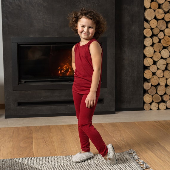 Merino Wool Base Layer Set for Kids Sleeveless Tank Top & Leggings for  Toddler Matching Loungewear Set Natural Clothing 160gsm Royal Cherry -   Canada