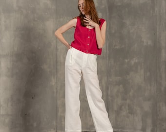 パンツ PLAIN White Trousers with Wide Leg in Linen Woman Wide Leg Linen Pants White | Pleated Linen Pants