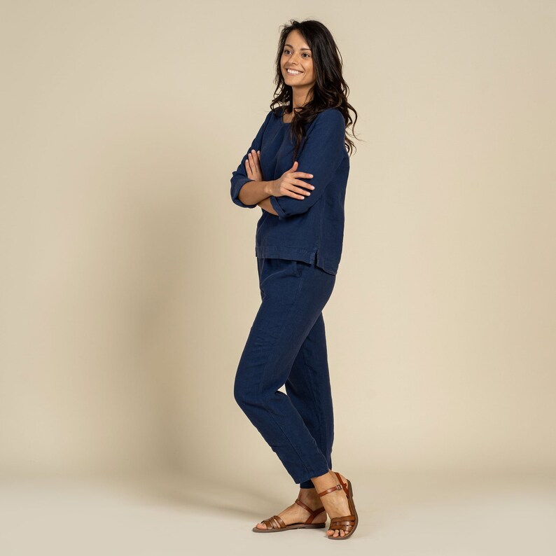 Linne 2-delat set med hög midja, avsmalnande byxor, linnebyxor och linneblus för kvinnor, loungeset, hållbara linnekläder, loungewear bild 5