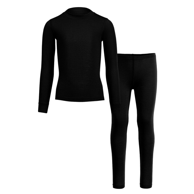merino kids’ thermal set — long-sleeve top and matching leggings, front view on white background.