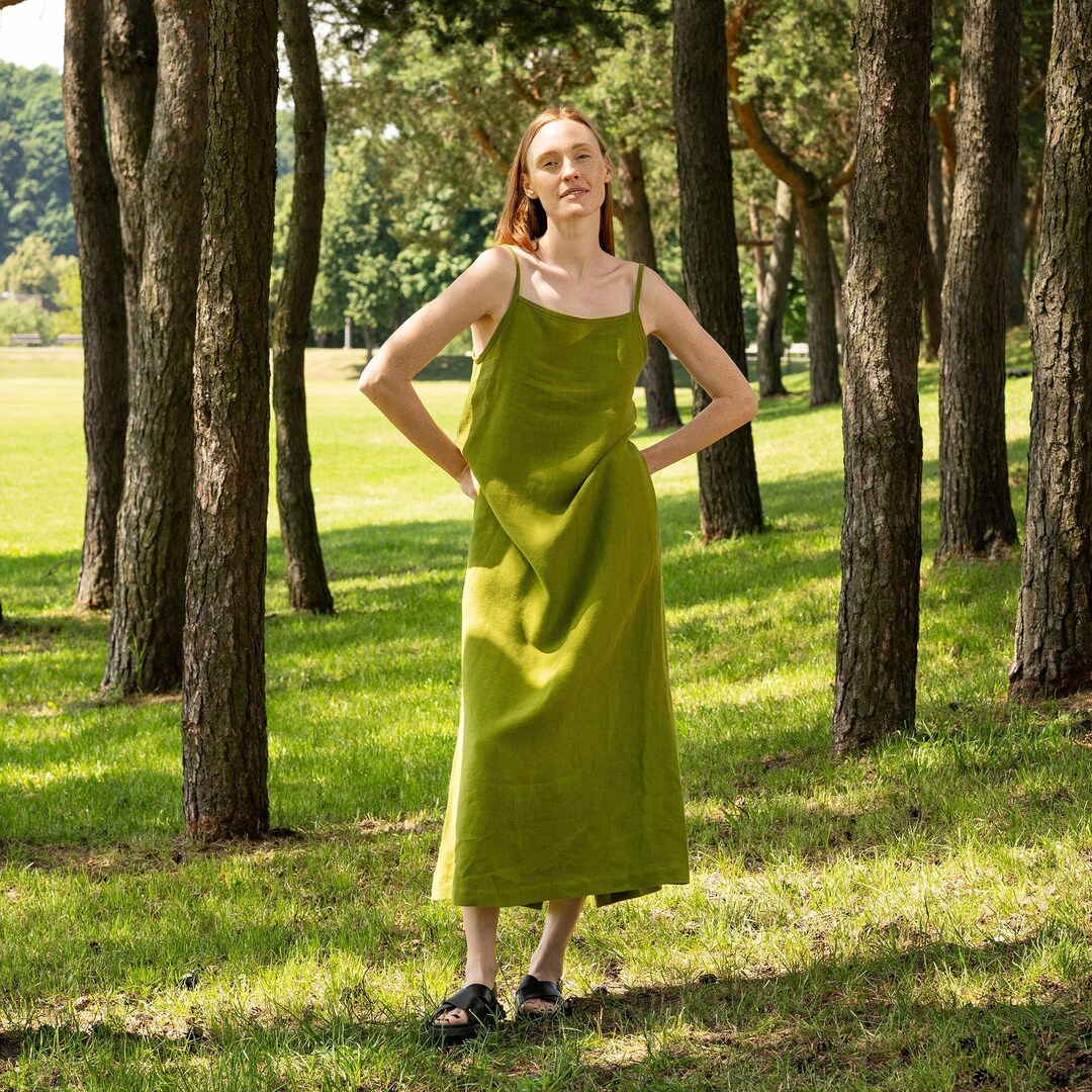 Green Slip Dress Maxi Slip Dress Beach Maxi Dress Linen Maxi Dress