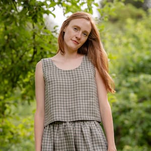 100% Linen Crop Top Gingham Top Natural Oversize Cropped Tank Top Summer Top for Women Natural Linen Clothes ANA Green Gingham