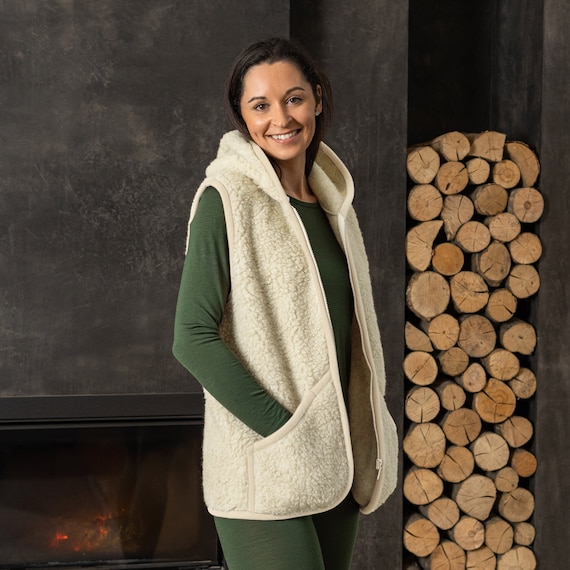 Chaleco de lana para mujer Chaleco largo de lana para invierno Otoño Beige  Chaleco hecho a mano Ropa natural sostenible -  España