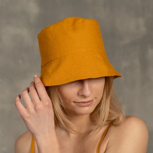 Linen Bucket Hat in spicy yellow color