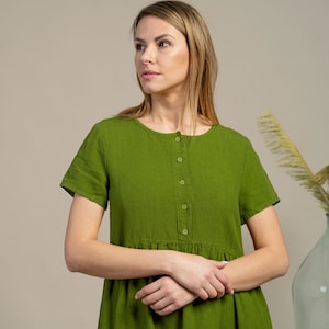 Midi Smock Dress Organic 100% Linen Dress Pure Washed Linen Sustainable Linen Short Sleeve Dress MARIA Forest Green image 1