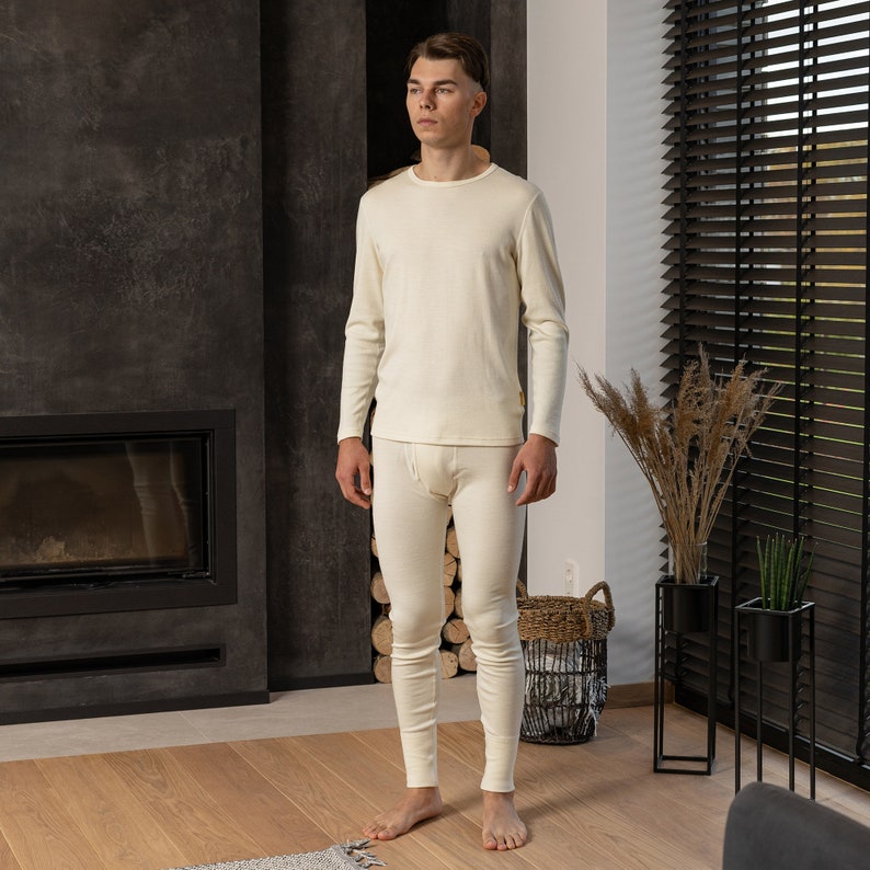Mens Long Sleeve Shirt & Workout Leggings Two Piece Set Matching Lounge Set Merino Wool Thermal Pajama Set Sustainable Clothing 250gsm image 7