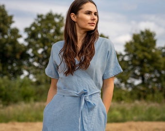 100% Linen Beach Dress Wrap Dress for Woman Boho Cocktail Dress Linen Clothing Sun Summer Dress Sustainable Gifts for Her ELIANA