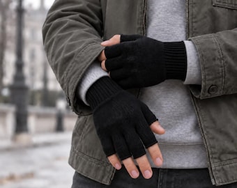 Men's Warm 100% Merino Wool Fingerless Gloves - Thermal Half Finger Winter Gloves