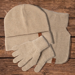 Kids Beanie Hat, Gloves & Mock Turtleneck Dickie Set for Toddlers Infants Merino Wool Knit Accessories Gifts Creamy Beige