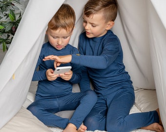 Unisex Toddler Leggings Merino Wool Pants Kids Pajamas Baby Organic Leggings 160gsm Denim Blue