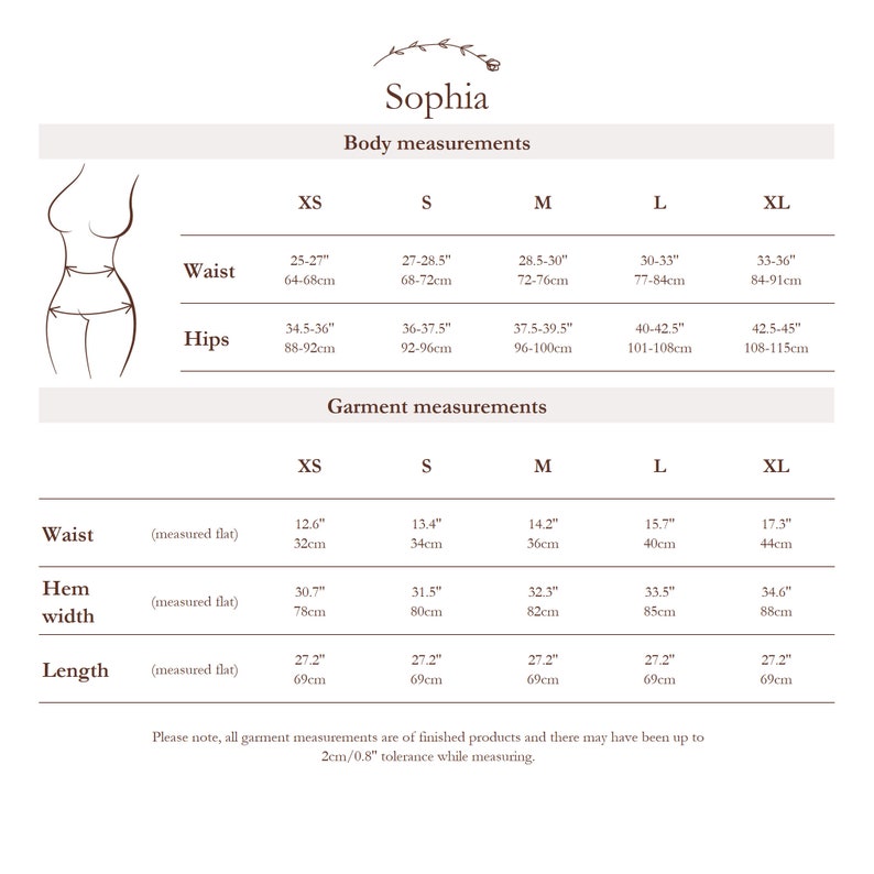 May include: Size chart for clothing with measurements in inches and centimeters. The chart includes sizes XS, S, M, L, and XL. Measurements are provided for waist and hips, as well as garment measurements for waist, hem width, and length.