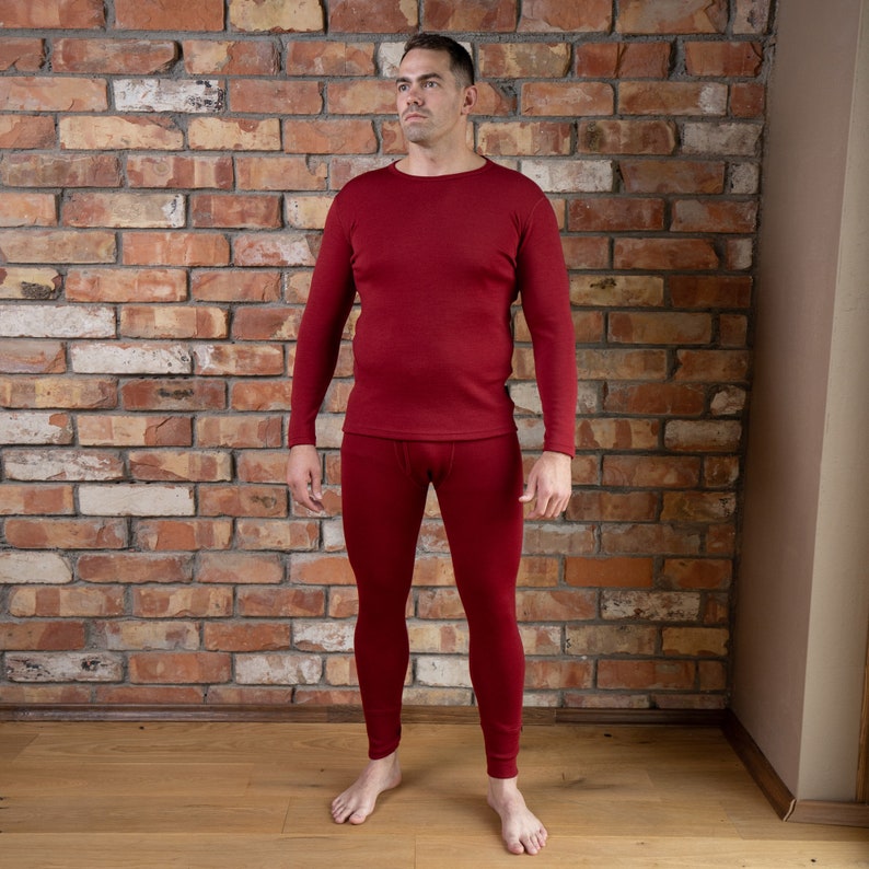 Mens Long Sleeve Shirt & Workout Leggings Two Piece Set Matching Lounge Set Merino Wool Thermal Pajama Set Sustainable Clothing 250gsm Royal Cherry