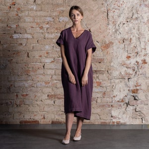 Organic 100% Linen Dress for Woman Long Sun Dress Oversized Midi Dress with Tie Short Sleeve Shift Dress Linen Tunic Dress JOELLE image 6