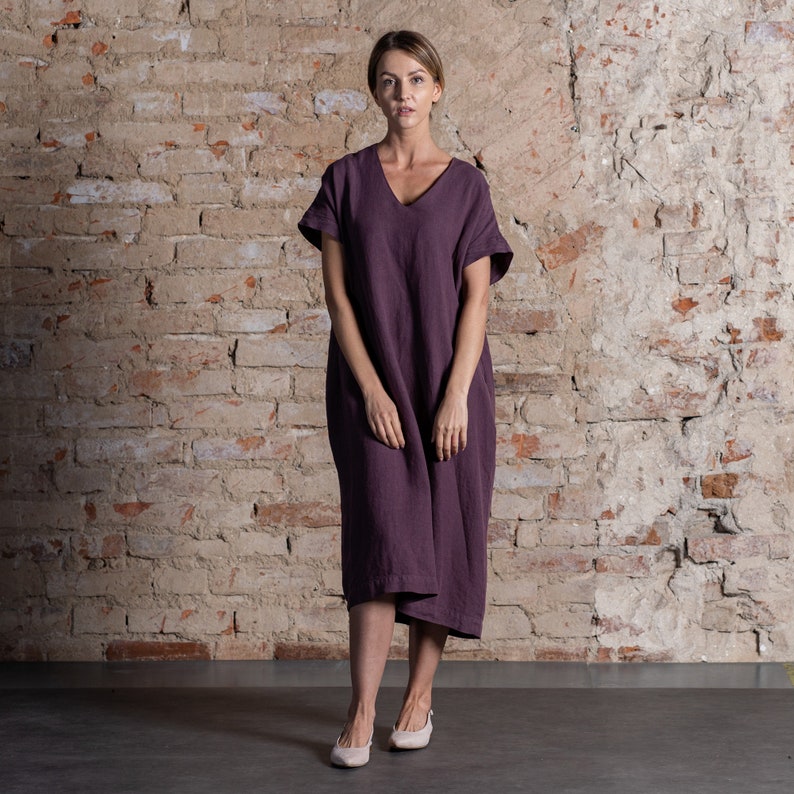 Organic 100% Linen Dress for Woman Long Sun Dress Oversized Midi Dress with Tie Short Sleeve Shift Dress Linen Tunic Dress JOELLE image 6