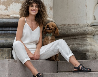 Classic 100% Linen Pants for Women White Linen Trousers with Pockets High Waisted Pants Natural Clothing DAKOTA Pure White