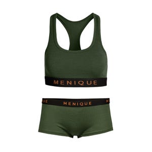 The menique women's merino wool sports bra and boxer briefs underwear set in dark green color, white background.