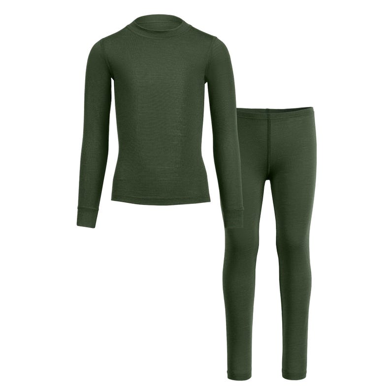 Dark green merino kids’ thermal set — long-sleeve top and matching leggings, front view on white background.