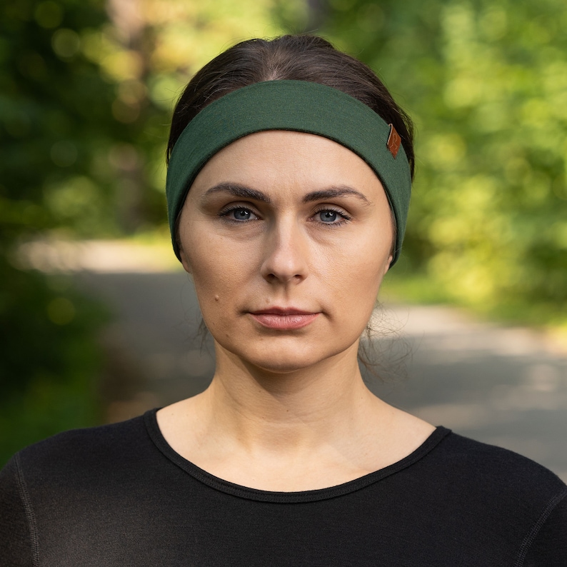 Diademas de lana merino para mujer y hombre, banda para el pelo suave, bandas para el sudor, accesorios de verano para exteriores, verde oscuro imagen 6