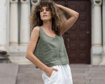 100% Linen Crop Top Natural Oversize Cropped Tank Top Summer Top for Women Natural Linen Clothes ANA Stone Green