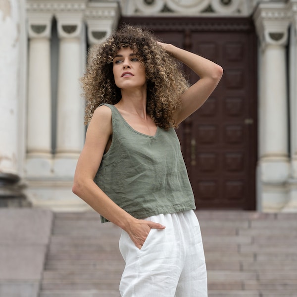 100% Linen Crop Top Natural Oversize Cropped Tank Top Summer Top for Women Natural Linen Clothes ANA Stone Green