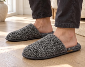 Men's Premium Wool House Slippers - Fluffy 100% Wool Scuff Slippers