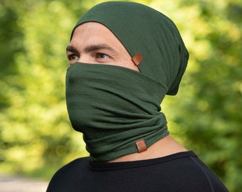 Merino Wool Two Piece Set of Neck Gaiter & Beanie Hat Unisex Fall Hat Large face Mask Sustainable Accessories Spring Hat Gifts Dark Green