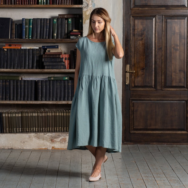 Ready to ship linen smock dress in mint green color